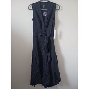 Nicole Miller Linen‎ Blend Maxi Dress Belted Sleeveless Black XS Missing Snap